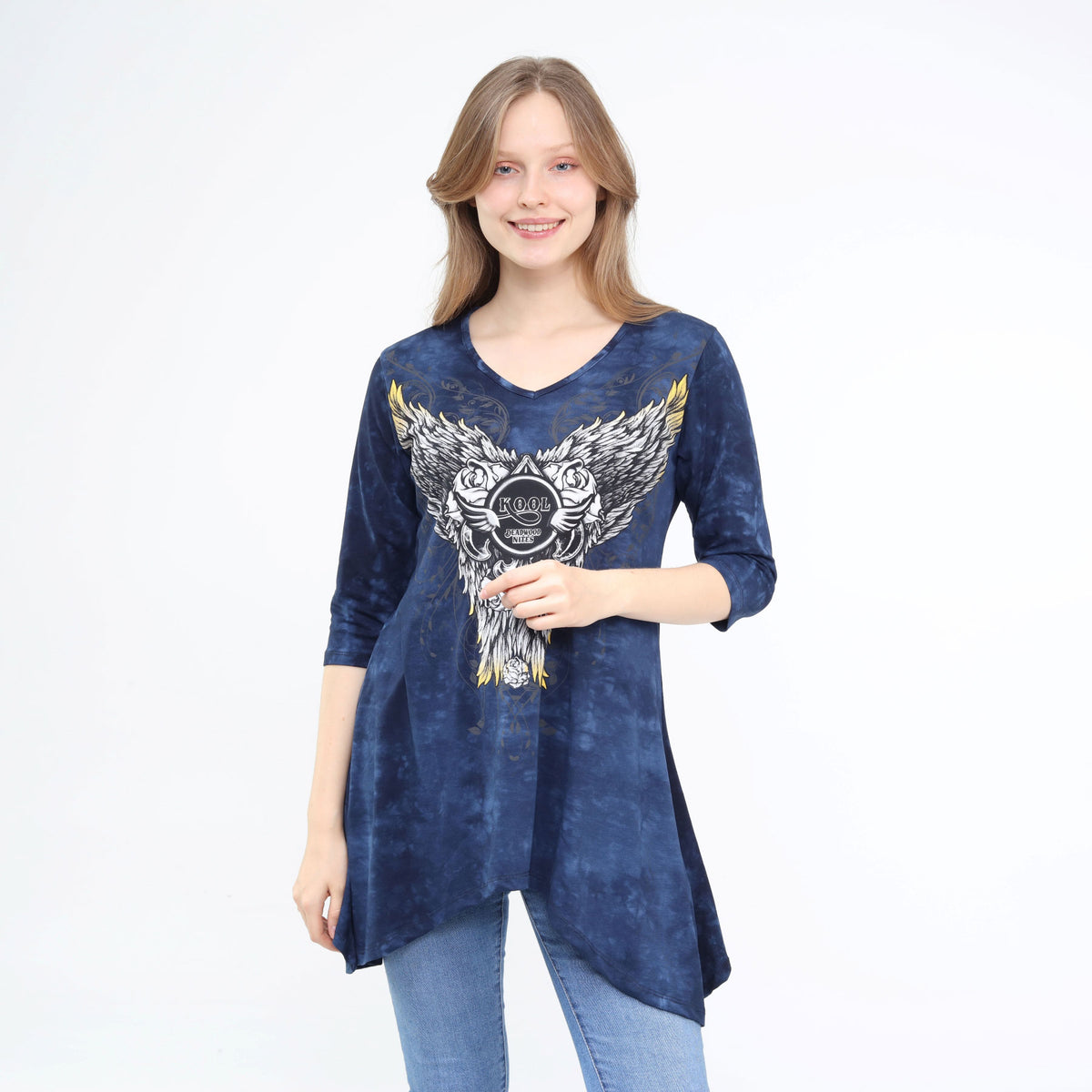 Asymmetrical Hem 3/4 Sleeve Tunic Flowy Washed Blue