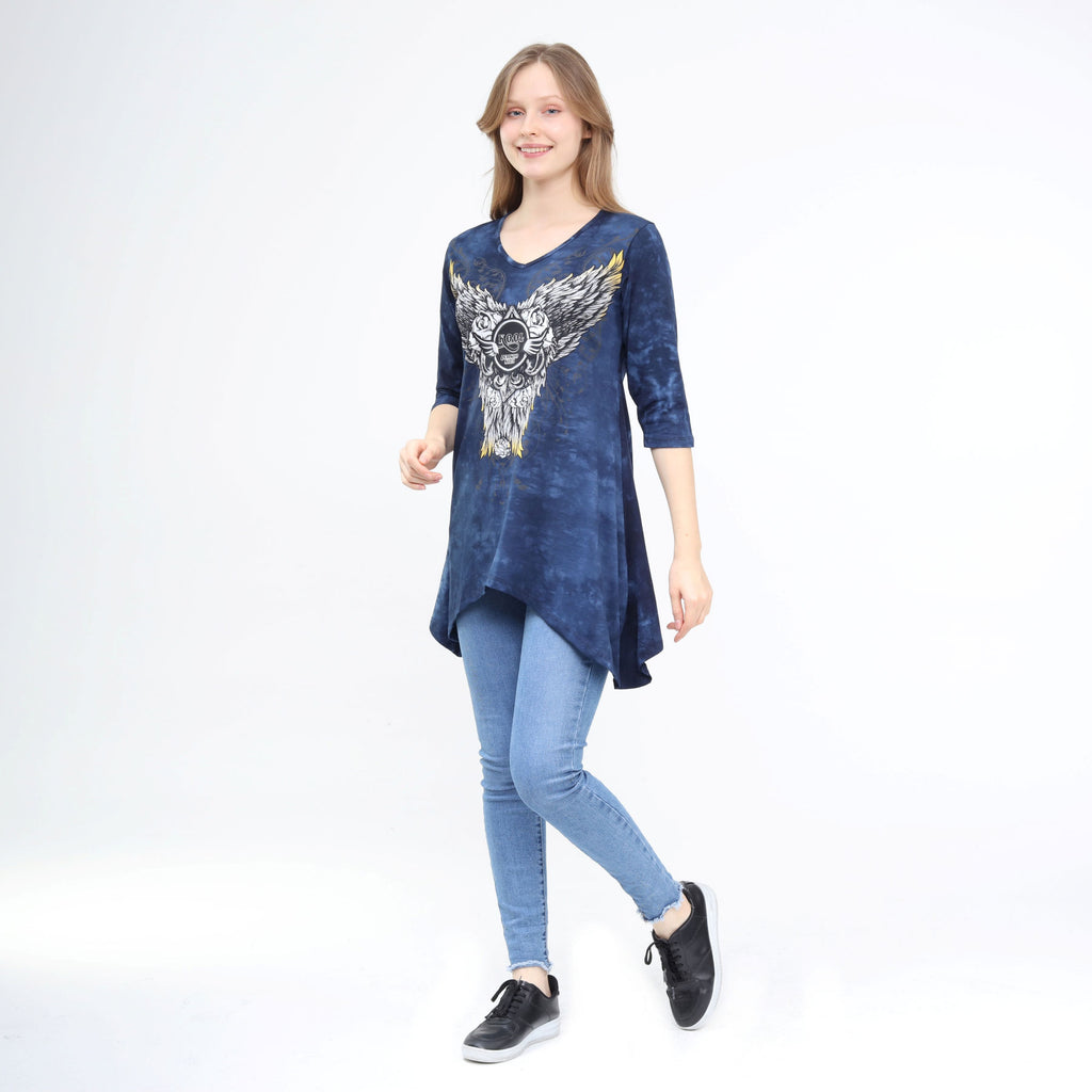 Asymmetrical Hem 3/4 Sleeve Tunic Flowy Washed Blue