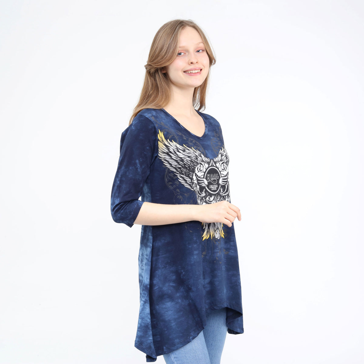 Asymmetrical Hem 3/4 Sleeve Tunic Flowy Washed Blue