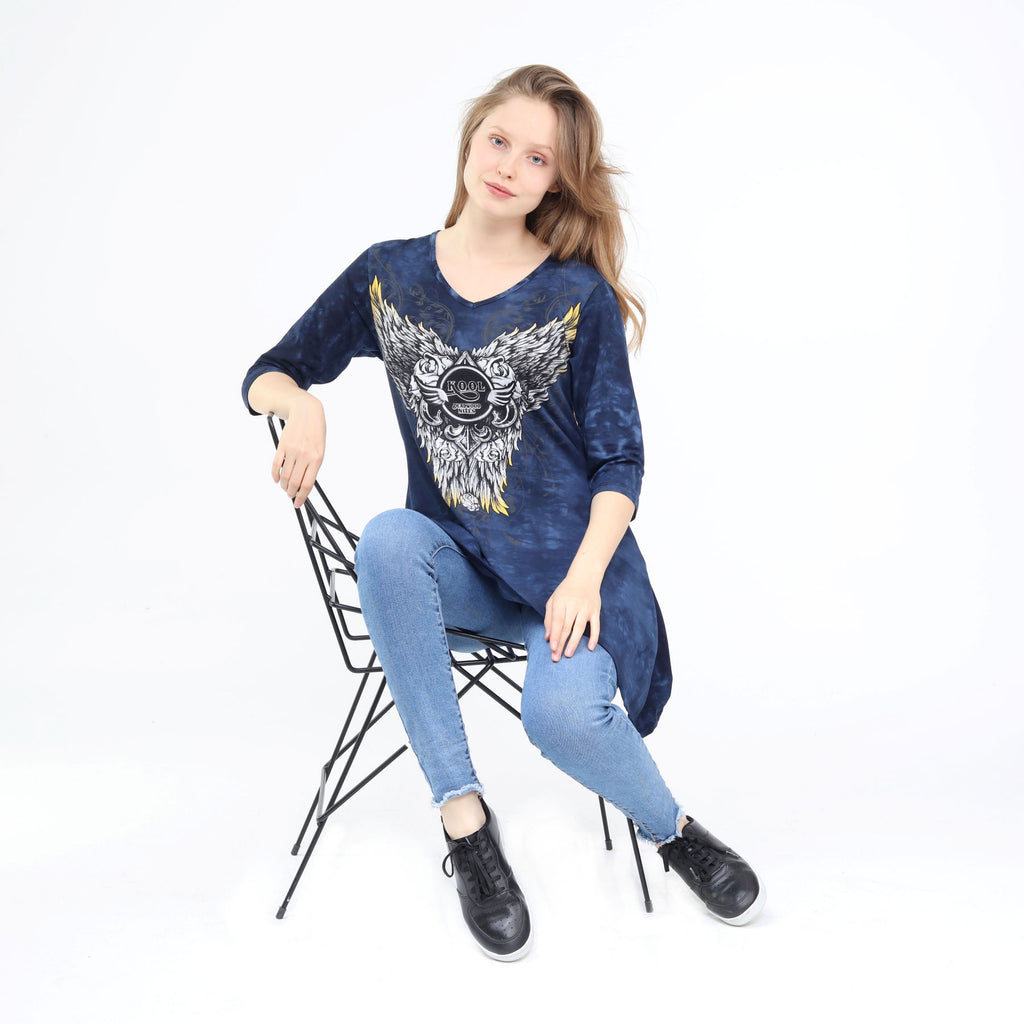 Asymmetrical Hem 3/4 Sleeve Tunic Flowy Washed Blue