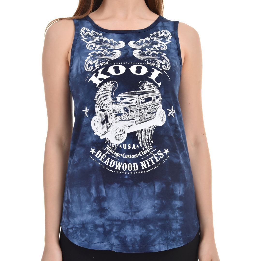 Curved Hem Slouchy Hot Rod Tank Washed Dark Blue