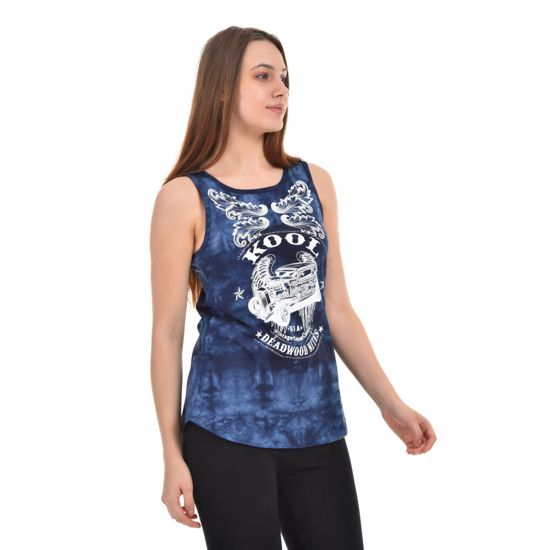 Curved Hem Slouchy Hot Rod Tank Washed Dark Blue