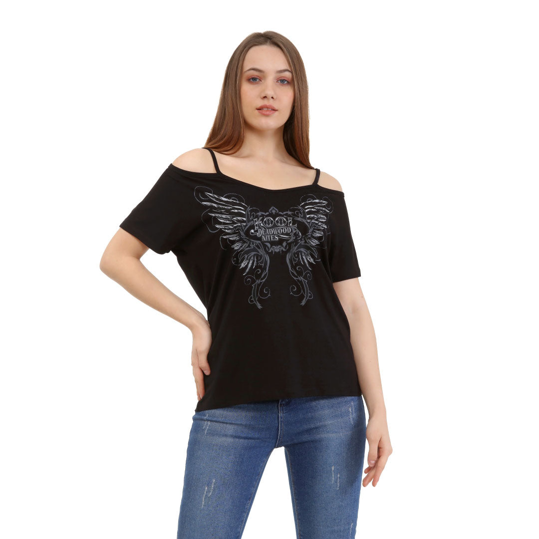 Thin Strap Cold Shoulder Short Sleeve Casual T Black