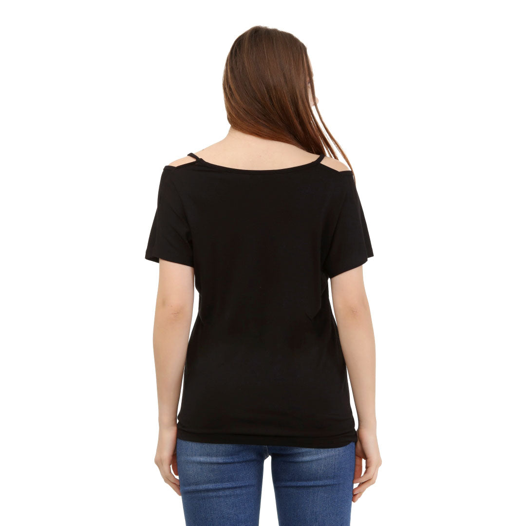 Thin Strap Cold Shoulder Short Sleeve Casual T Black