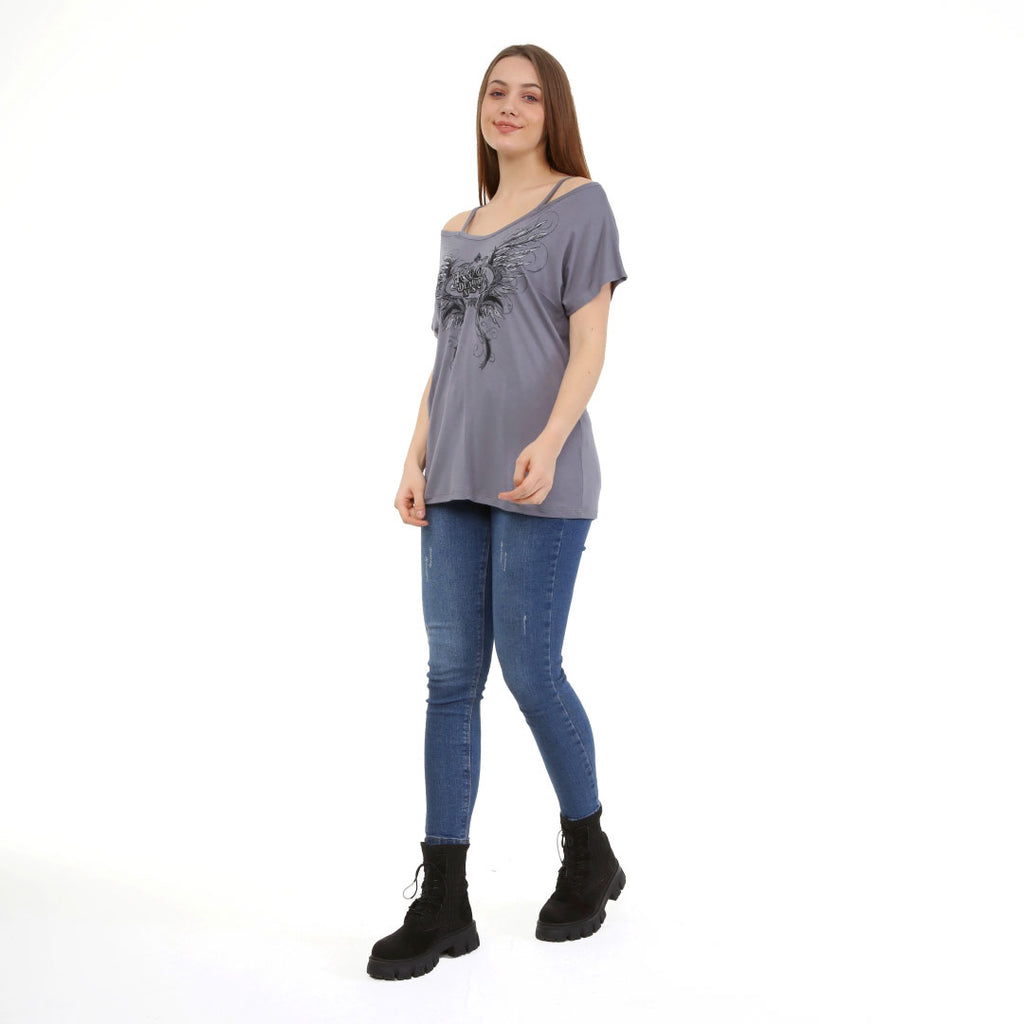 Thin Strap Cold Shoulder Short Sleeve Casual T Grey
