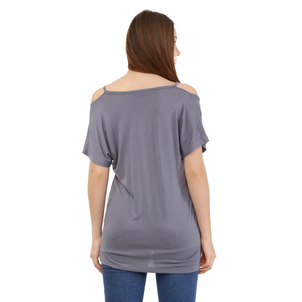 Thin Strap Cold Shoulder Short Sleeve Casual T Grey