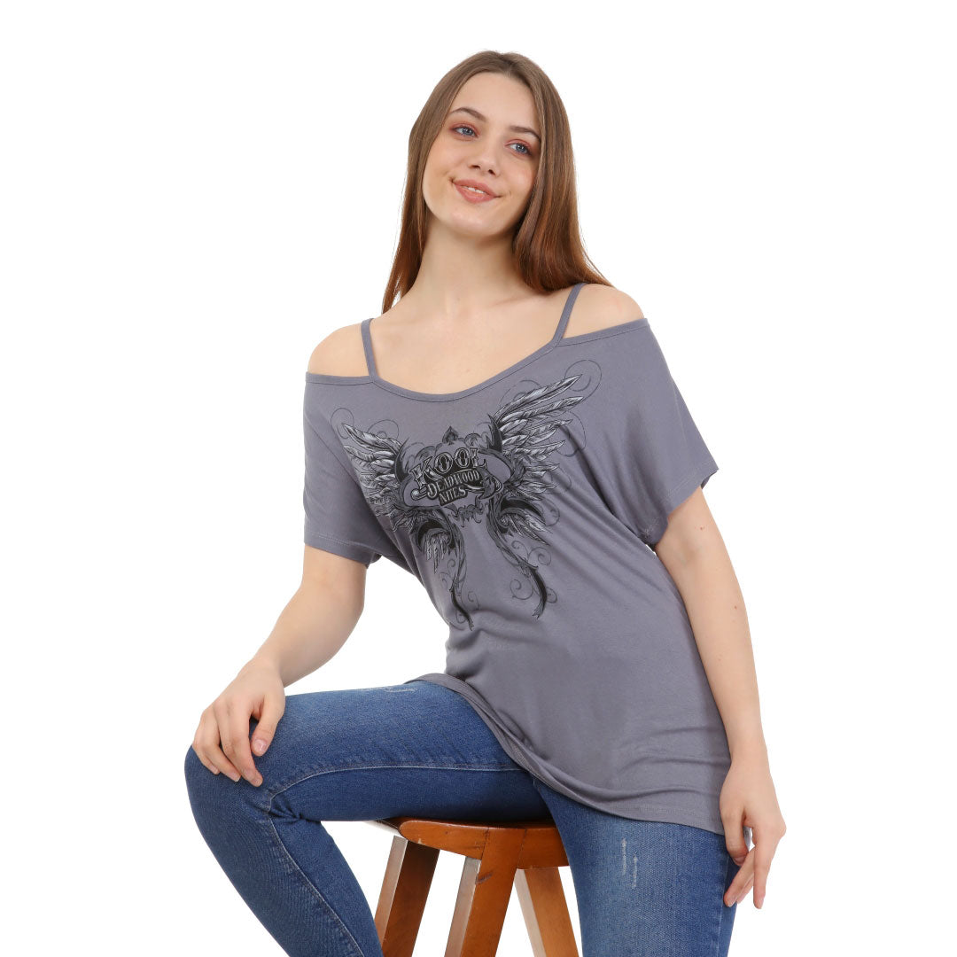 Thin Strap Cold Shoulder Short Sleeve Casual T Grey