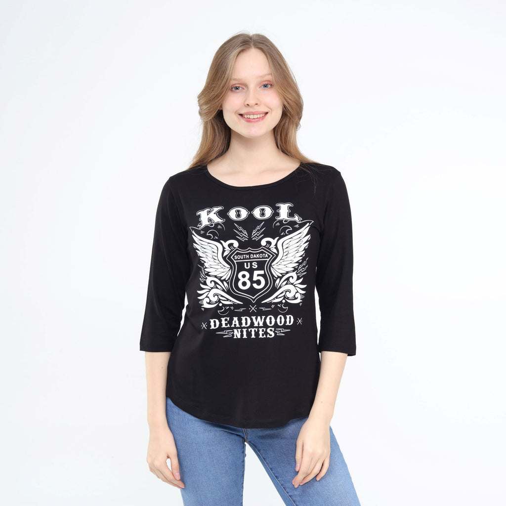 Cute Three-Quarter Sleeve Scoop Neck Top Black