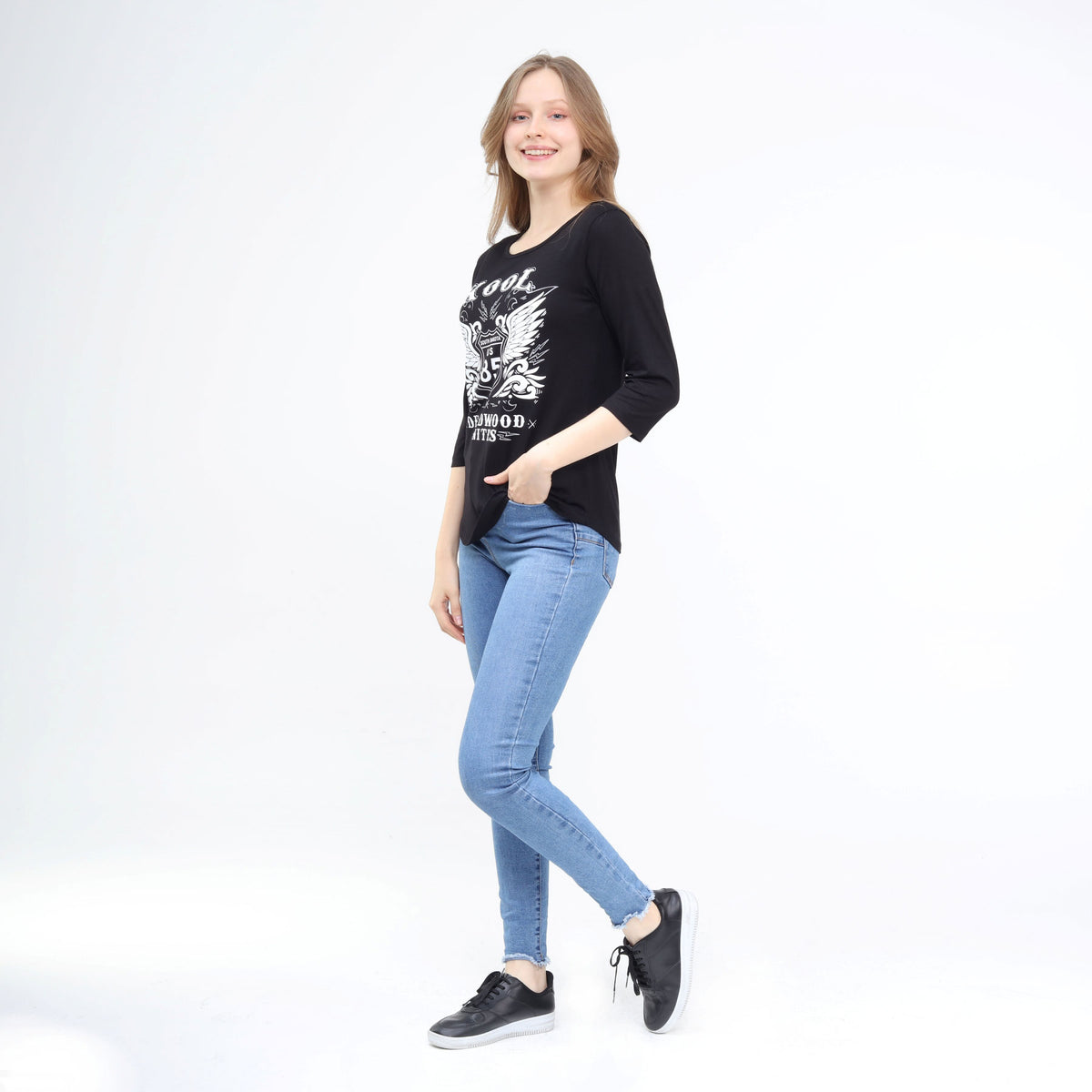 Cute Three-Quarter Sleeve Scoop Neck Top Black