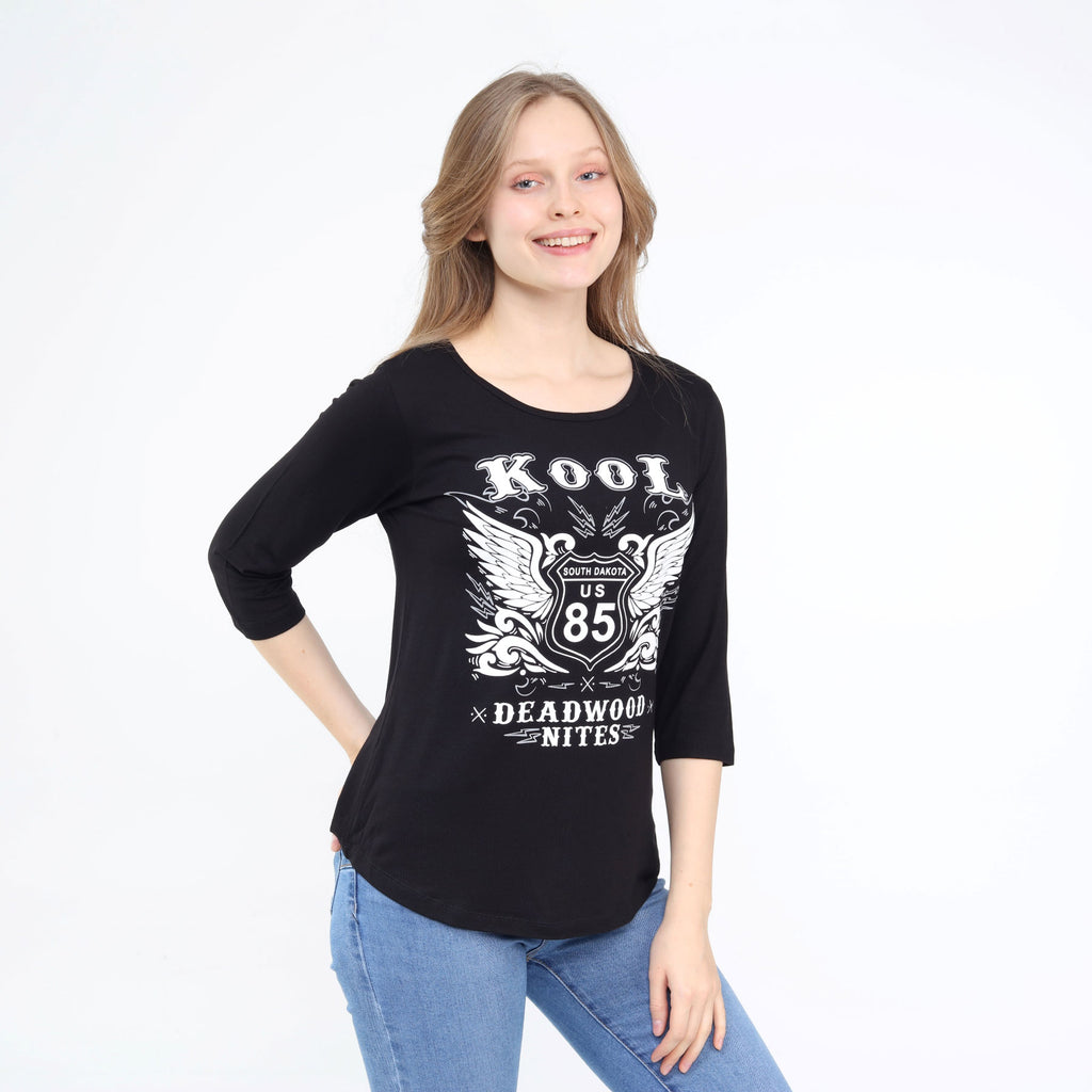 Cute Three-Quarter Sleeve Scoop Neck Top Black