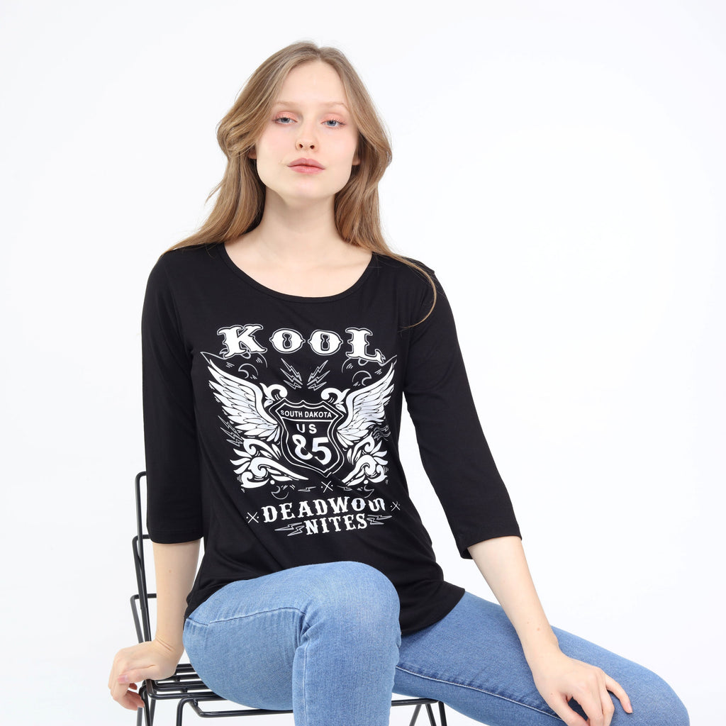 Cute Three-Quarter Sleeve Scoop Neck Top Black