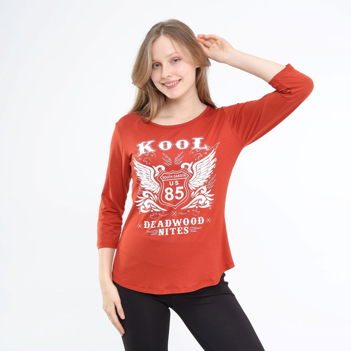 Cute Three-Quarter Sleeve Scoop Neck Top Rust