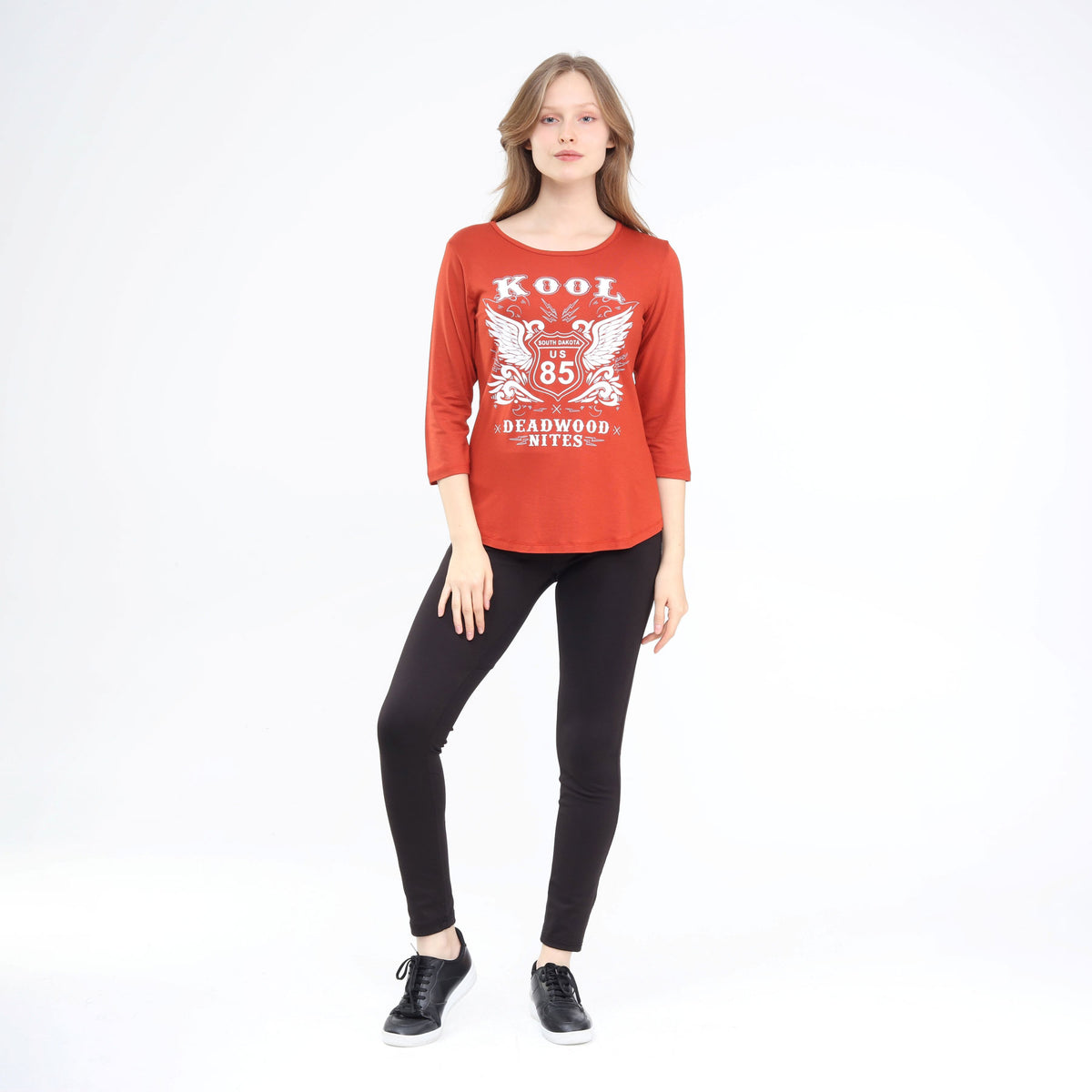 Cute Three-Quarter Sleeve Scoop Neck Top Rust