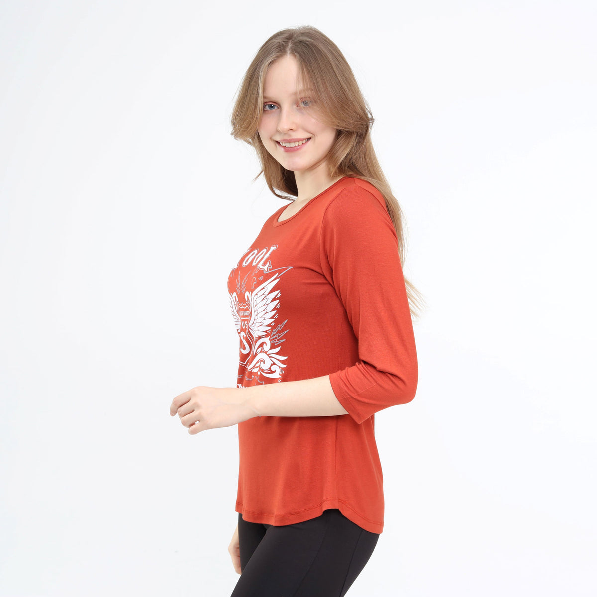 Cute Three-Quarter Sleeve Scoop Neck Top Rust