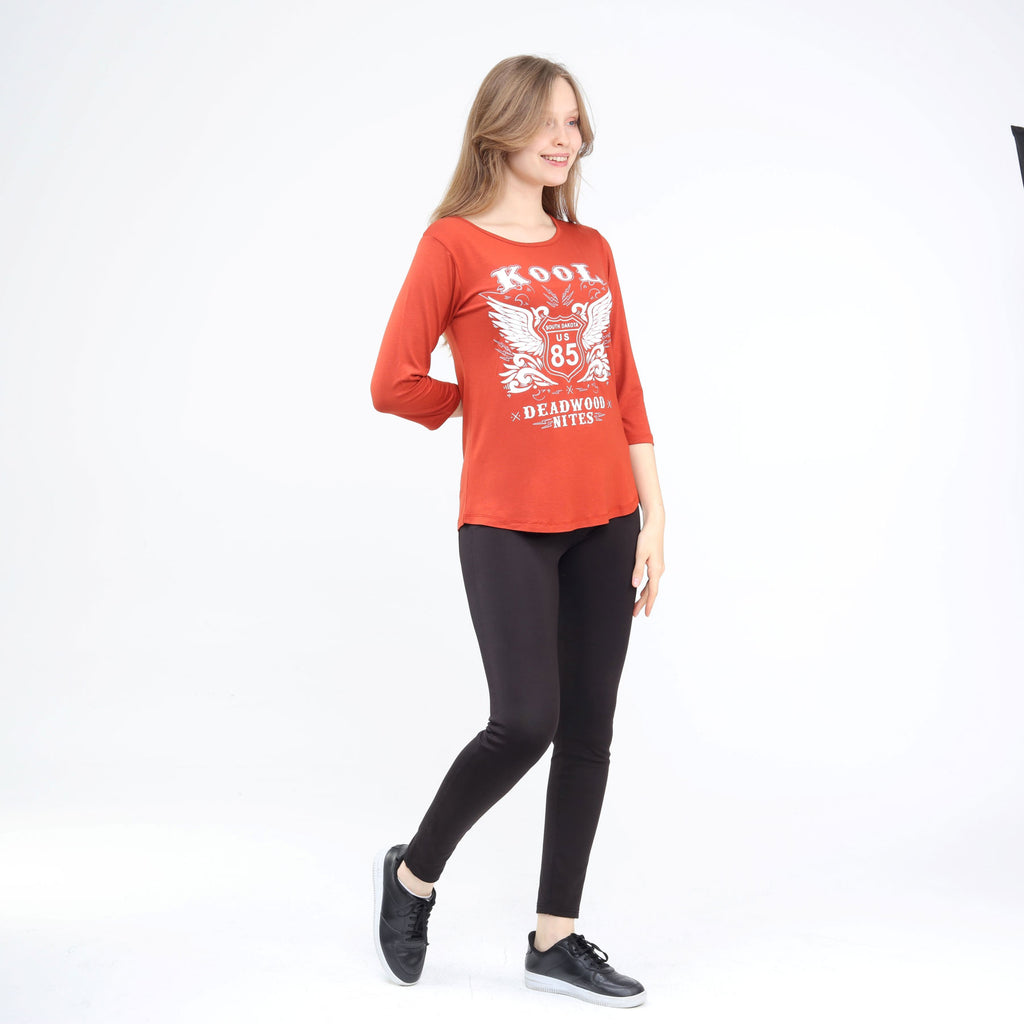Cute Three-Quarter Sleeve Scoop Neck Top Rust