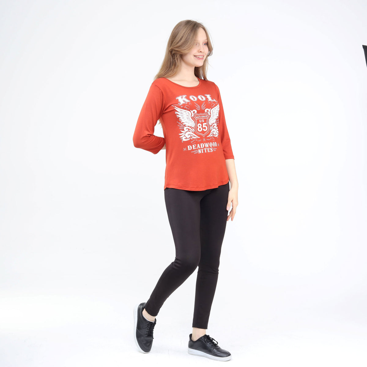 Cute Three-Quarter Sleeve Scoop Neck Top Rust