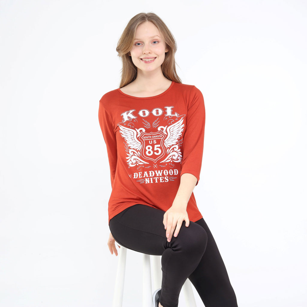 Cute Three-Quarter Sleeve Scoop Neck Top Rust