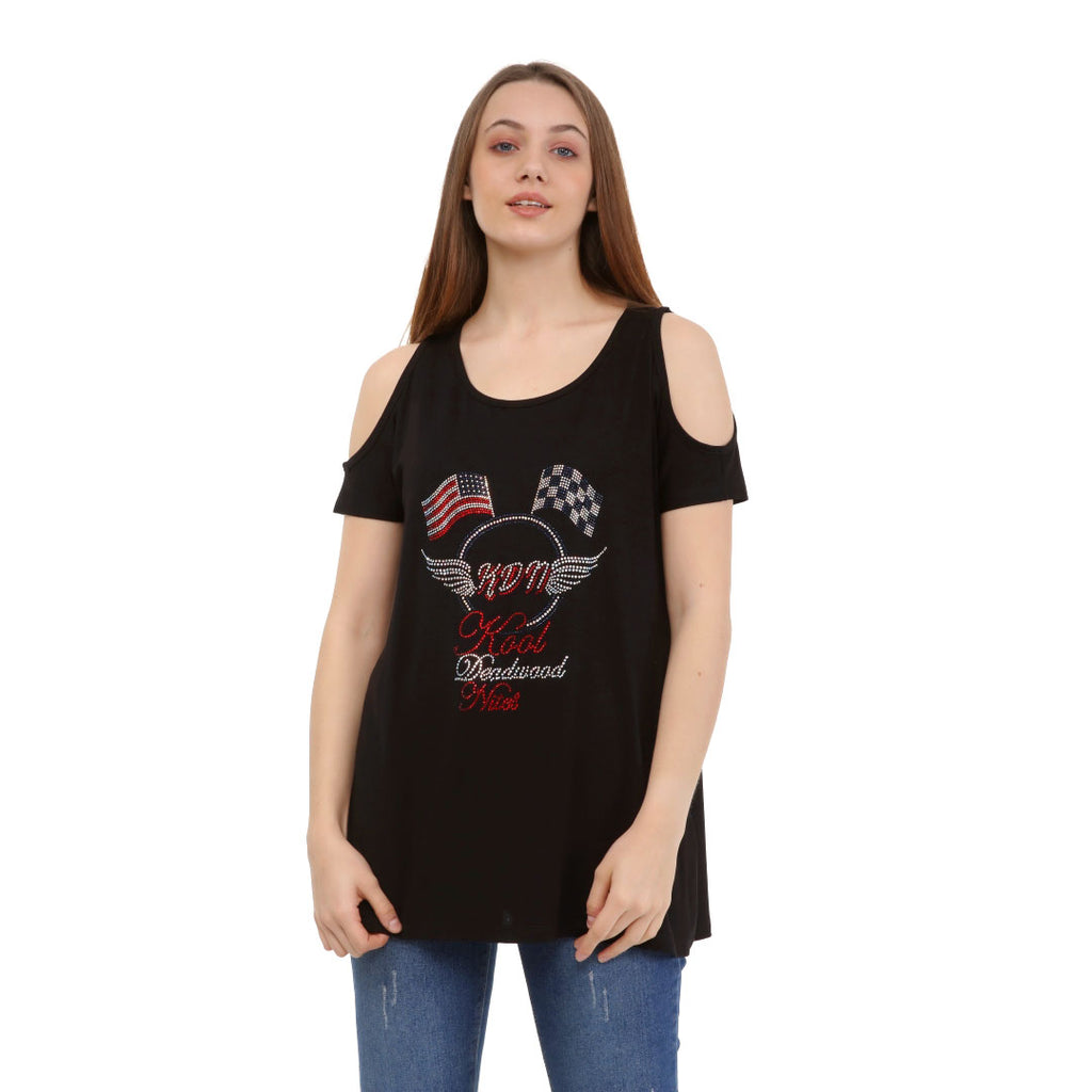 Cold Shoulder Short Sleeve Whispy Flow Tunic Black