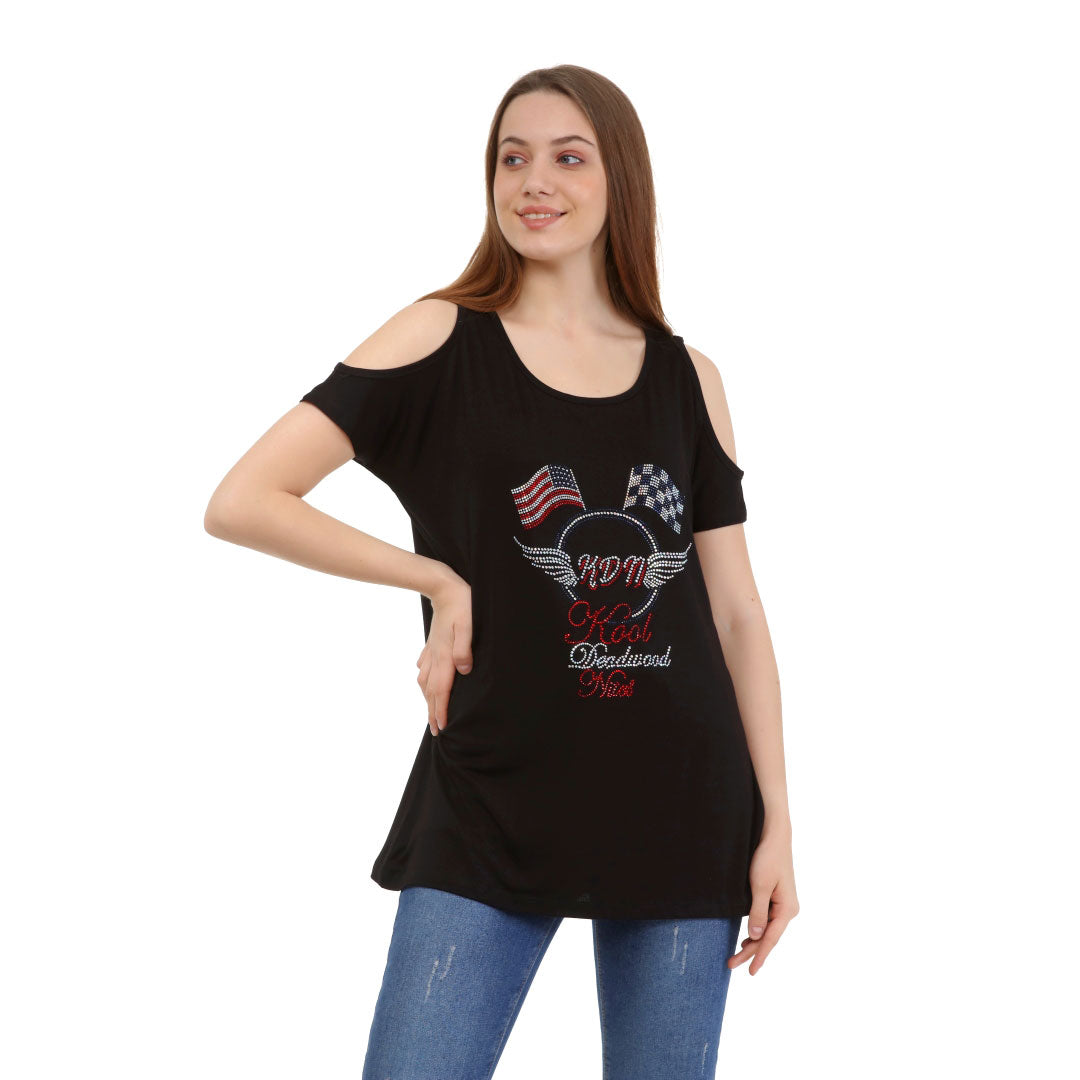 Cold Shoulder Short Sleeve Whispy Flow Tunic Black