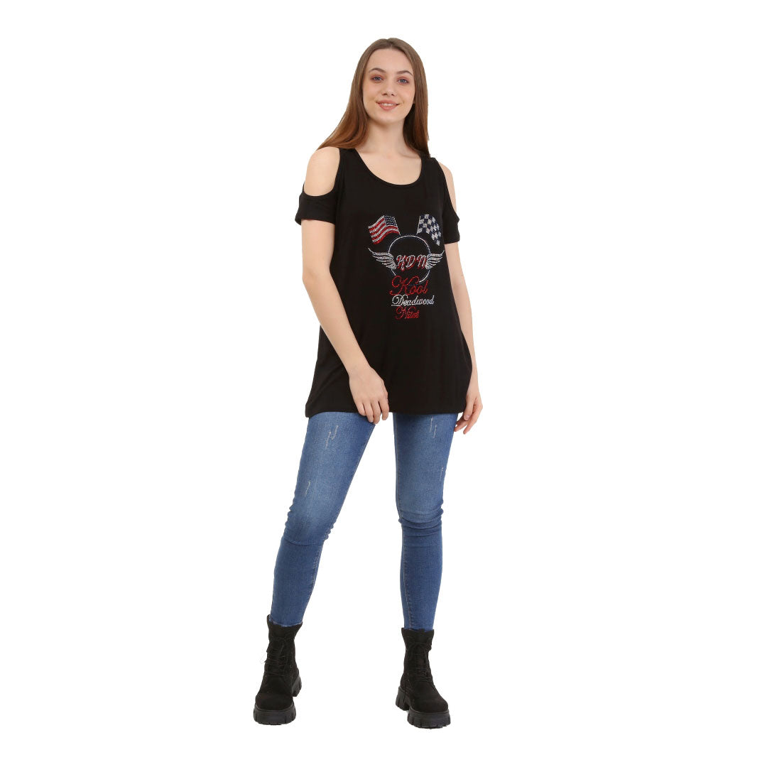 Cold Shoulder Short Sleeve Whispy Flow Tunic Black