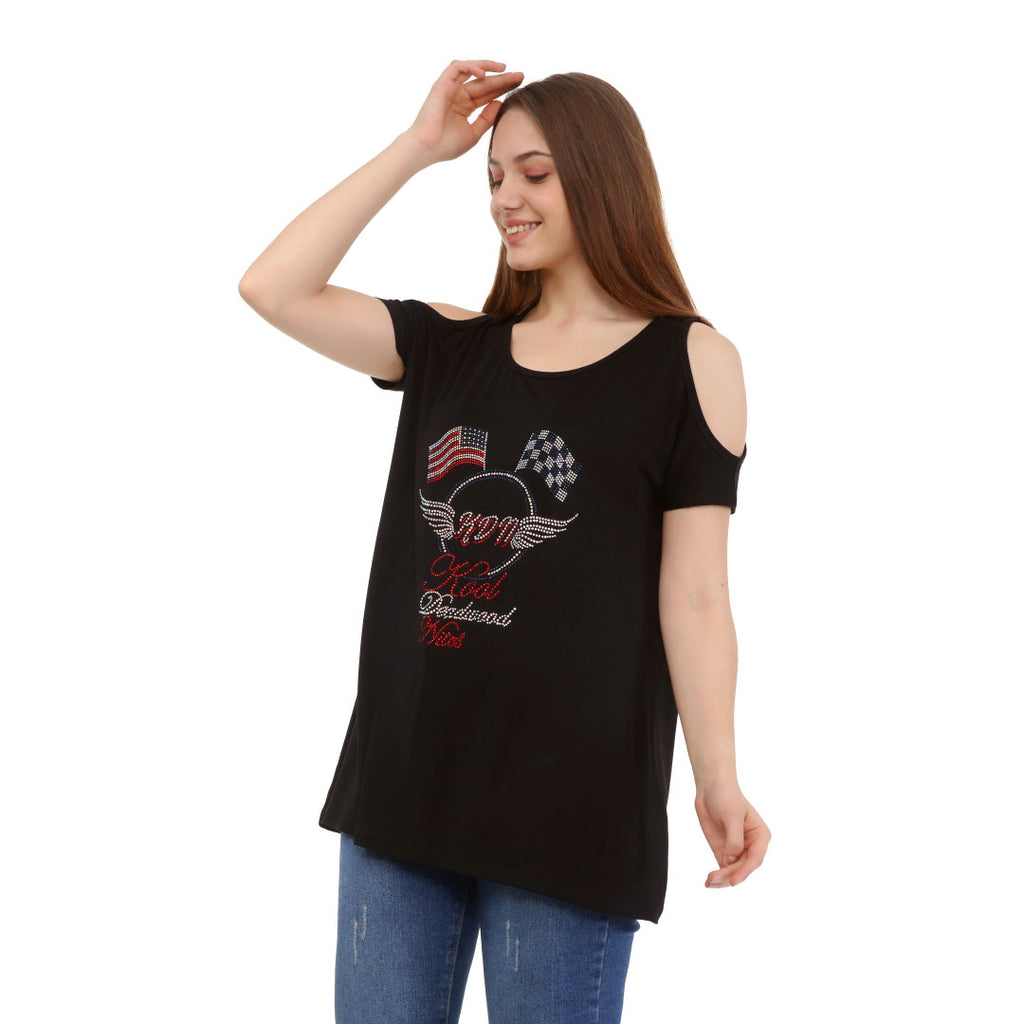 Cold Shoulder Short Sleeve Whispy Flow Tunic Black