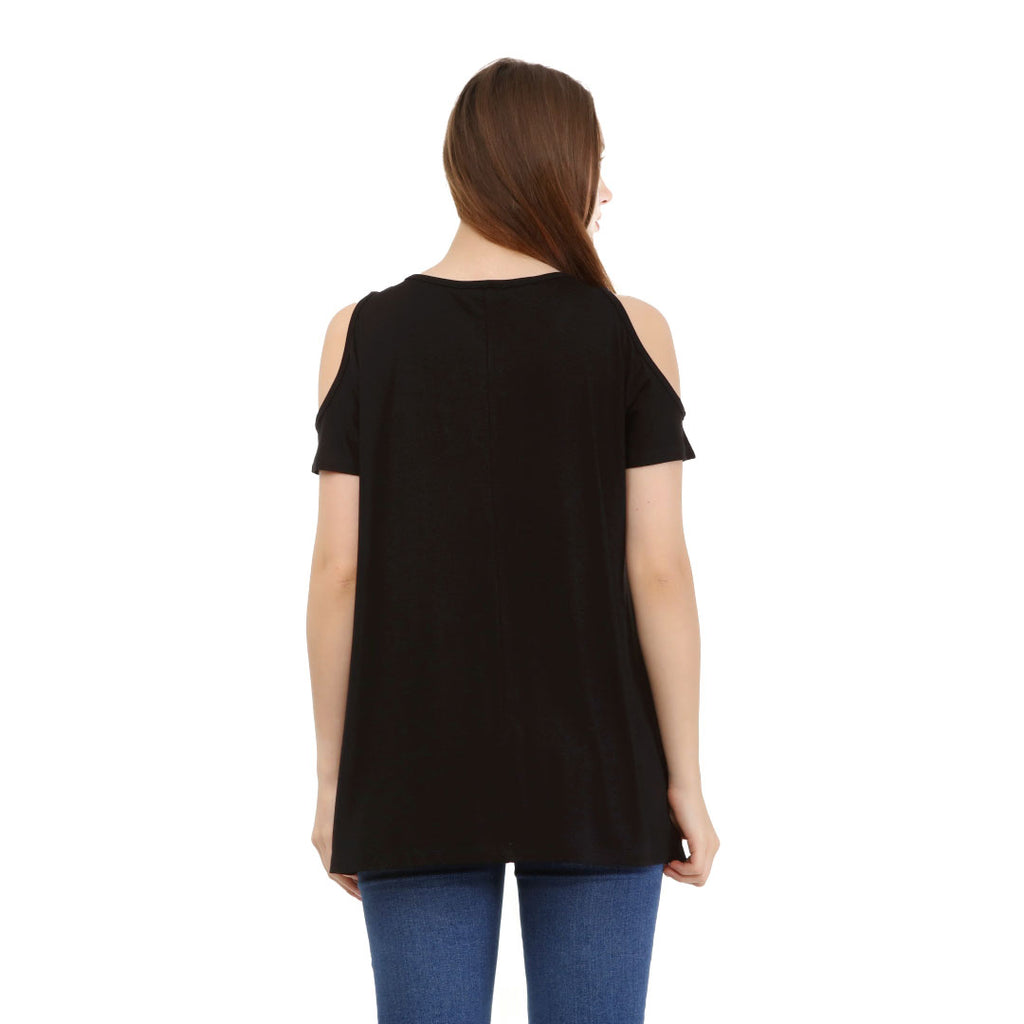 Cold Shoulder Short Sleeve Whispy Flow Tunic Black