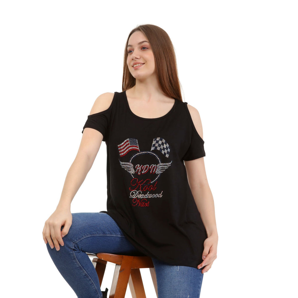 Cold Shoulder Short Sleeve Whispy Flow Tunic Black