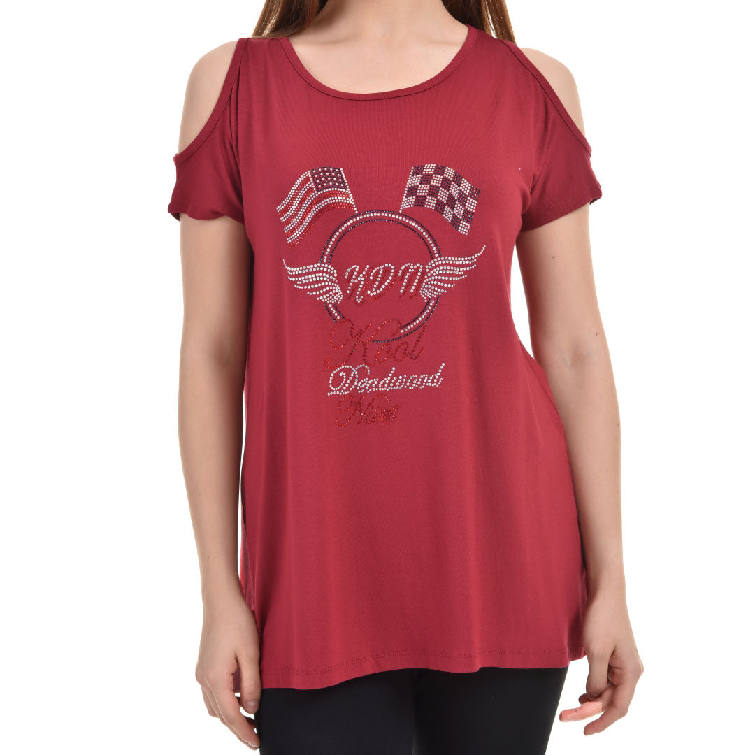 Cold Shoulder Short Sleeve Whispy Flow Tunic Burgundy