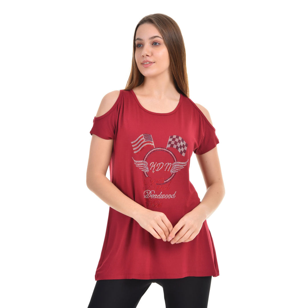 Cold Shoulder Short Sleeve Whispy Flow Tunic Burgundy