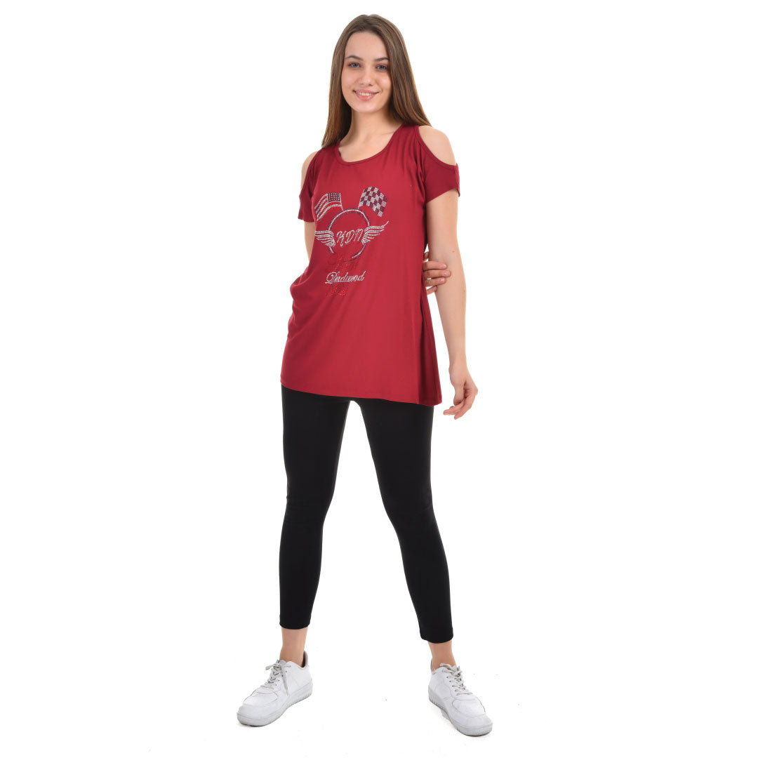 Cold Shoulder Short Sleeve Whispy Flow Tunic Burgundy