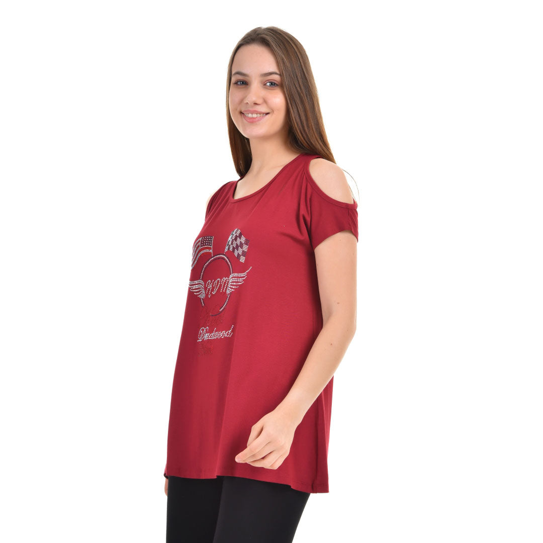 Cold Shoulder Short Sleeve Whispy Flow Tunic Burgundy