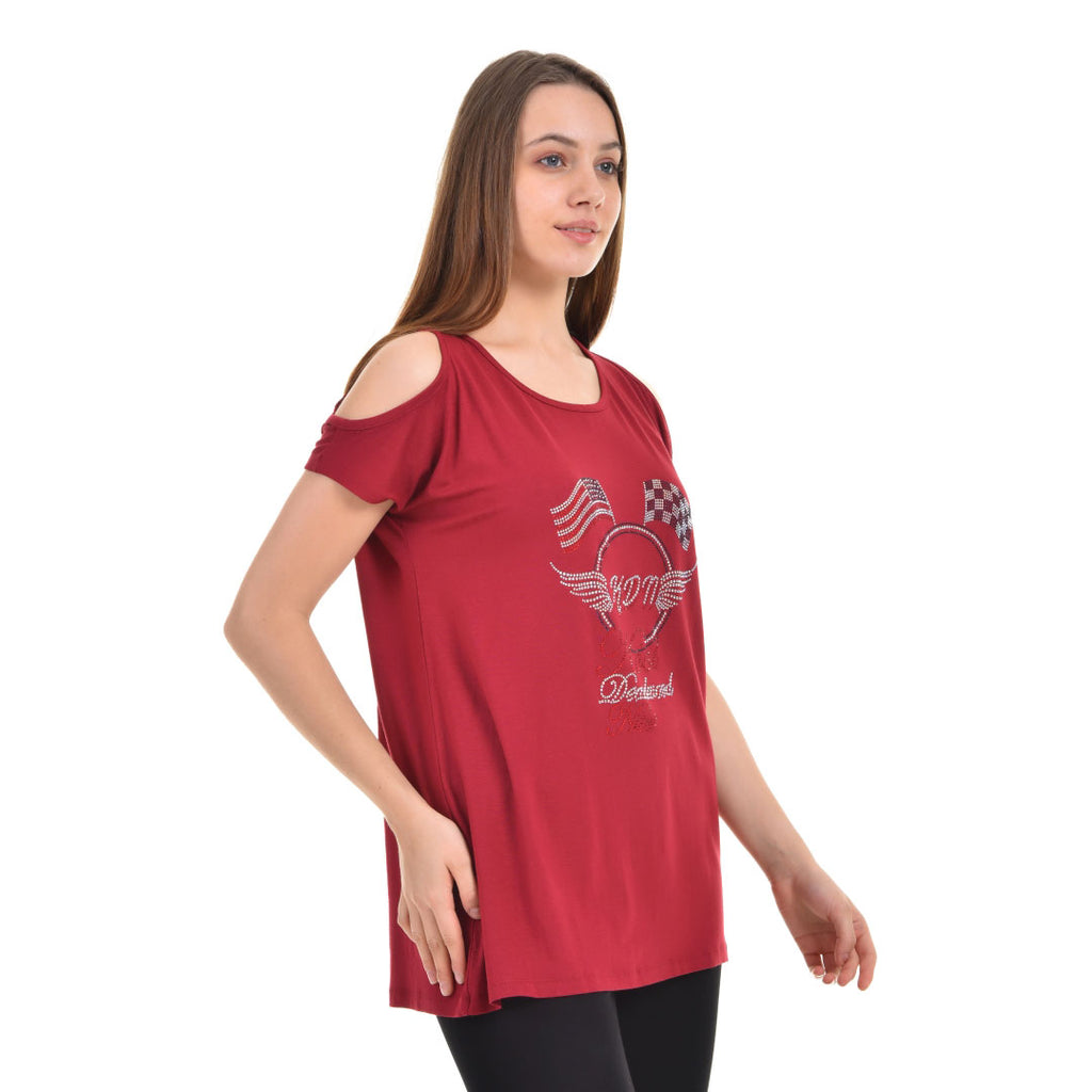 Cold Shoulder Short Sleeve Whispy Flow Tunic Burgundy
