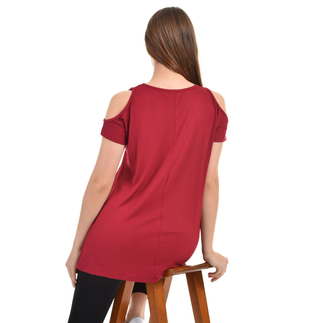 Cold Shoulder Short Sleeve Whispy Flow Tunic Burgundy