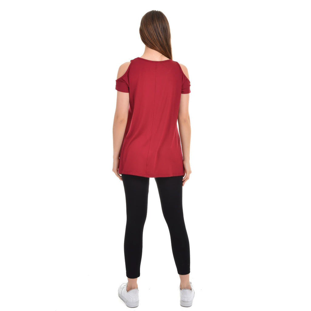 Cold Shoulder Short Sleeve Whispy Flow Tunic Burgundy