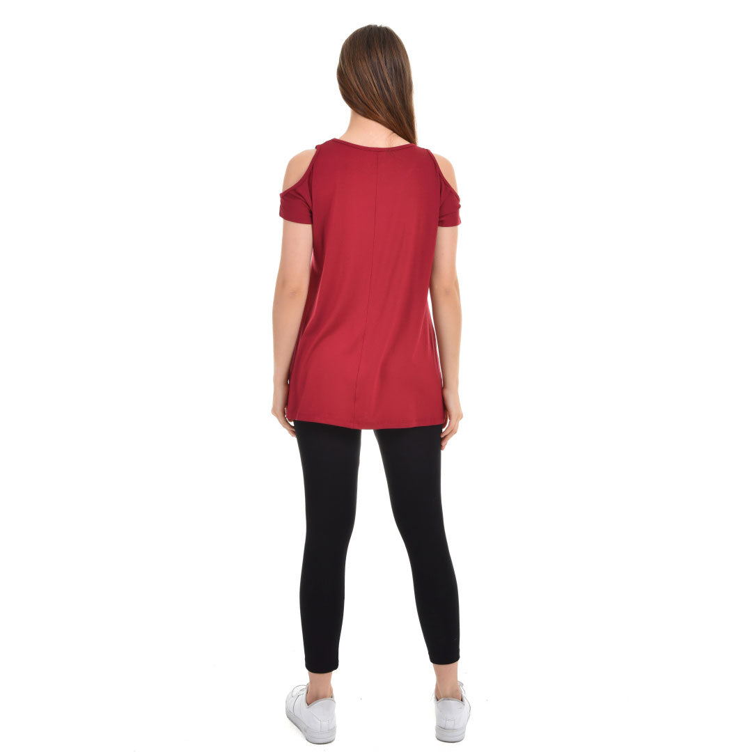 Cold Shoulder Short Sleeve Whispy Flow Tunic Burgundy