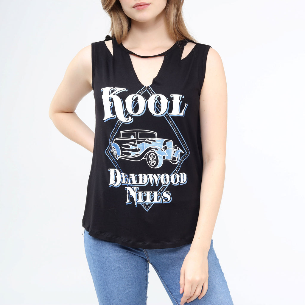 Diamond-Cut Wide Strap Sleeveless Choker Top Black