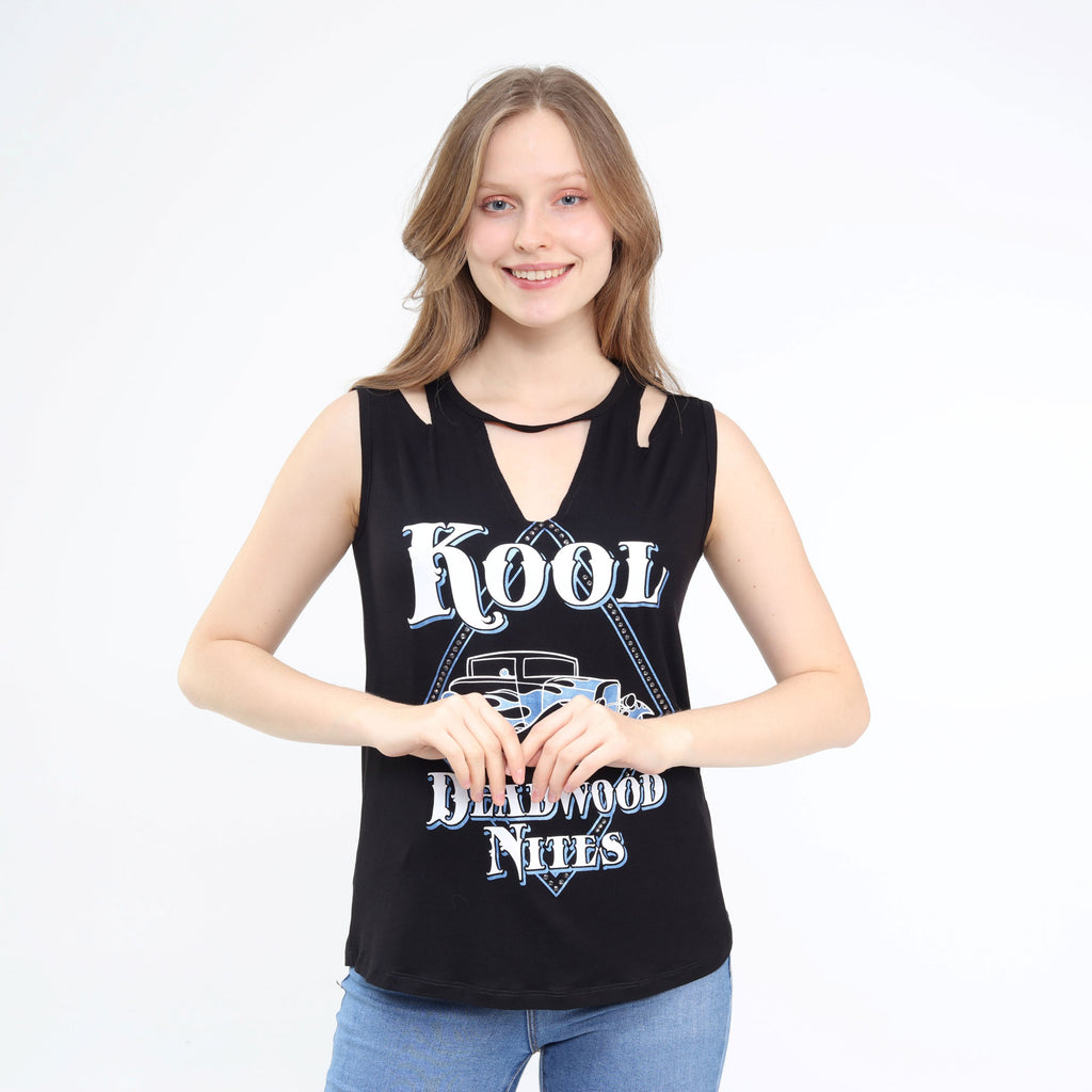 Diamond-Cut Wide Strap Sleeveless Choker Top Black