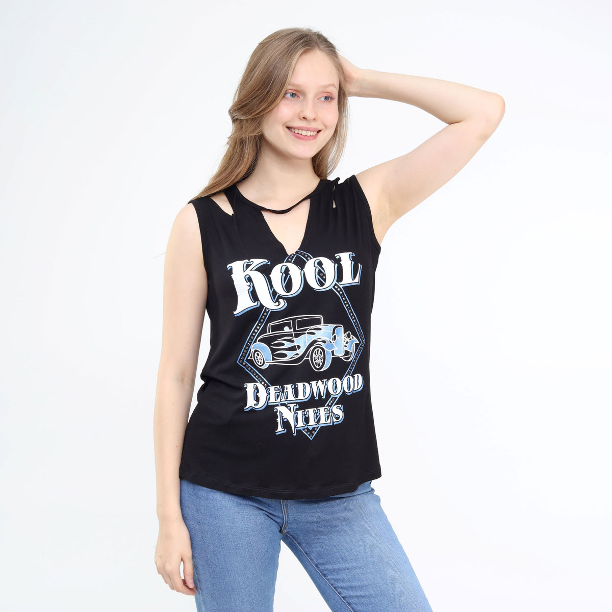 Diamond-Cut Wide Strap Sleeveless Choker Top Black
