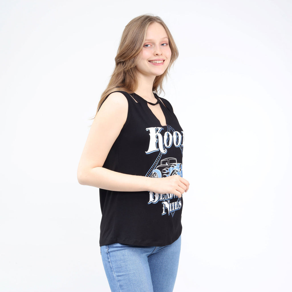 Diamond-Cut Wide Strap Sleeveless Choker Top Black