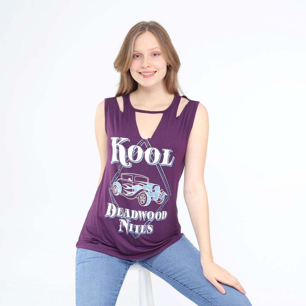 Diamond-Cut Wide Strap Sleeveless Choker Top Eggplant